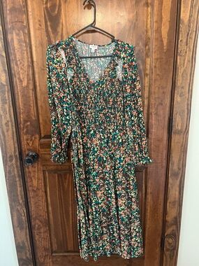 J. Crew Emerald Green Floral Long-Sleeve Midi Dress